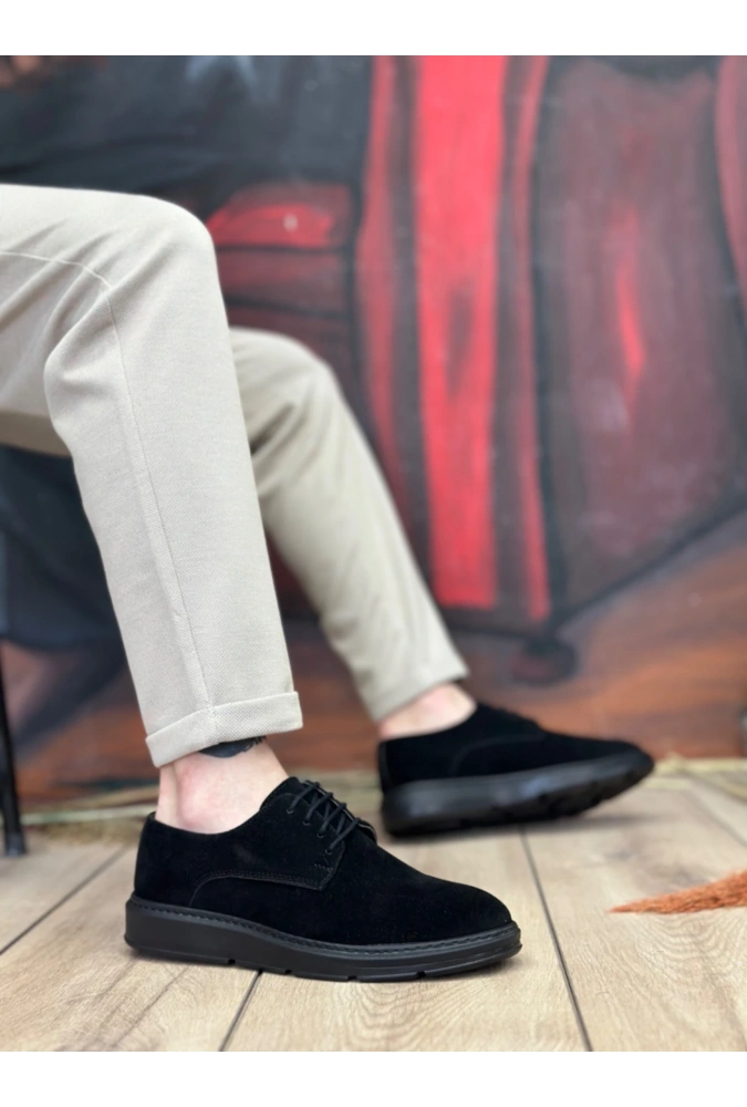 Shoecide Sb0003 Bağcıklı Süet Klasik Siyah Yüksek Taban Casual Erkek Ayakkabı