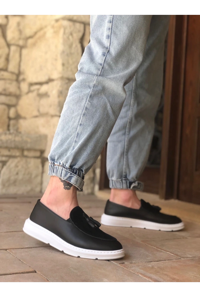 Shoecide Sb0005 Bağcıksız Yüksek Taban Beyaz Taban Klasik Aynalı Süet Detaylı Püsküllü Corcik Erkek Ayakkabı