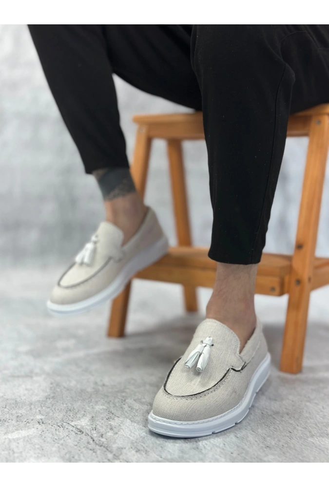 Shoecide Sb0005 Bağcıksız Yüksek Taban Klasik Keten Beyaz Püsküllü Erkek Ayakkabı