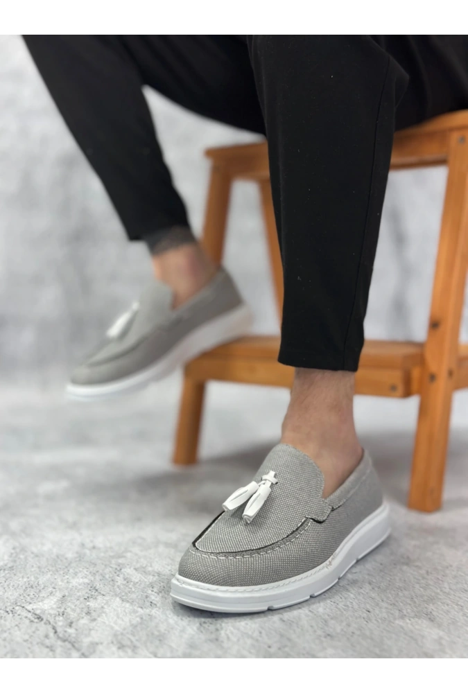 Shoecide Sb0005 Bağcıksız Yüksek Taban Klasik Keten Füme Püsküllü Erkek Ayakkabı