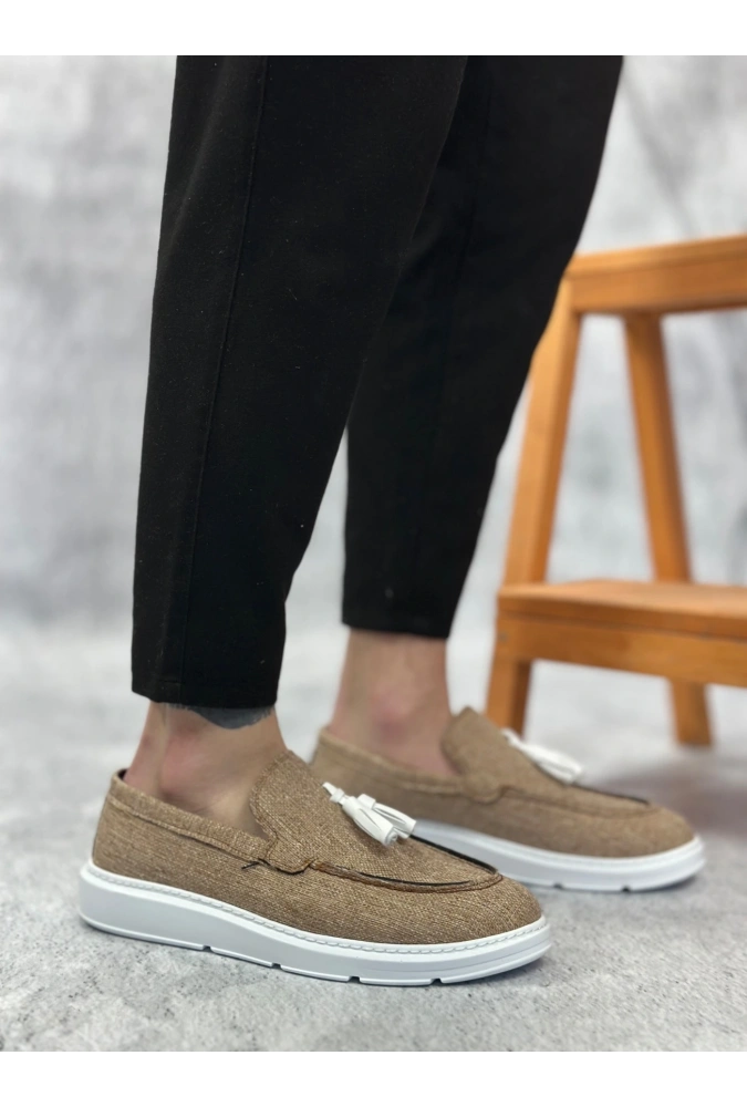 Shoecide Sb0005 Bağcıksız Yüksek Taban Klasik Keten Hardal Püsküllü Erkek Ayakkabı