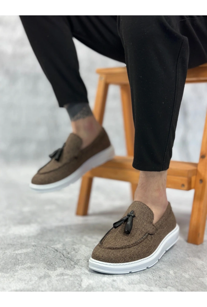 Shoecide Sb0005 Bağcıksız Yüksek Taban Klasik Keten Kahverengi Püsküllü Erkek Ayakkabı