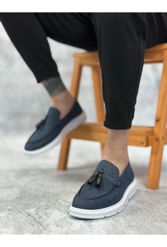 Shoecide Sb0005 Bağcıksız Yüksek Taban Klasik Keten Lacivert Püsküllü Erkek Ayakkabı