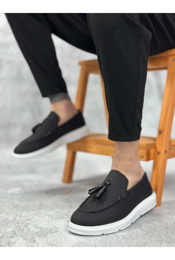 Shoecide Sb0005 Bağcıksız Yüksek Taban Klasik Keten Siyah Püsküllü Erkek Ayakkabı