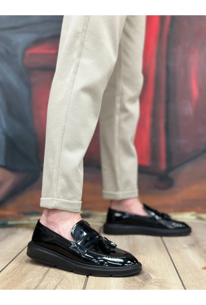 Shoecide Sb0005 Bağcıksız Yüksek Taban Klasik Rugan Kemerli Püsküllü Erkek Ayakkabı