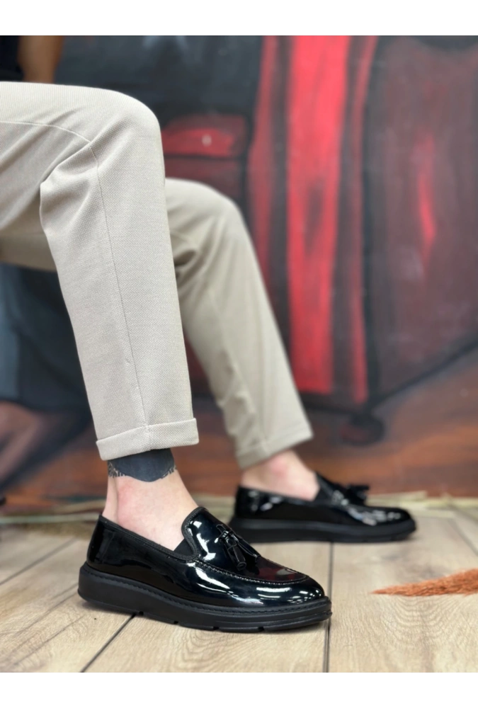 Shoecide Sb0005 Bağcıksız Yüksek Taban Siyah Rugan Klasik Püsküllü Corcik Erkek Ayakkabısı