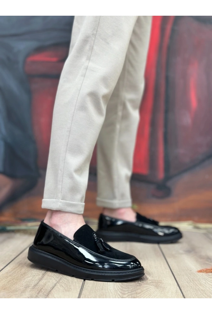 Shoecide Sb0005 Bağcıksız Yüksek Taban Siyah Taban Klasik Süet Detaylı Püsküllü Corcik Erkek Ayakkabı