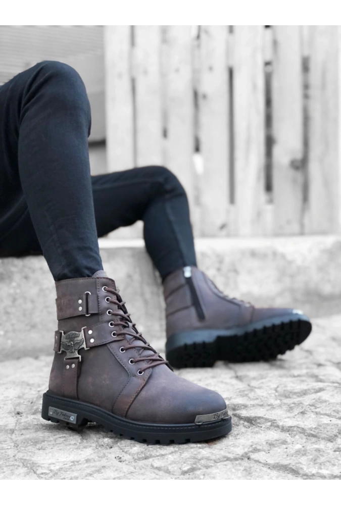 Shoecide Sb0080 Gladyatör Fermuarlı Tokalı Kahverengi Erkek Klasik Spor Klasik Yarım Bilek Bot
