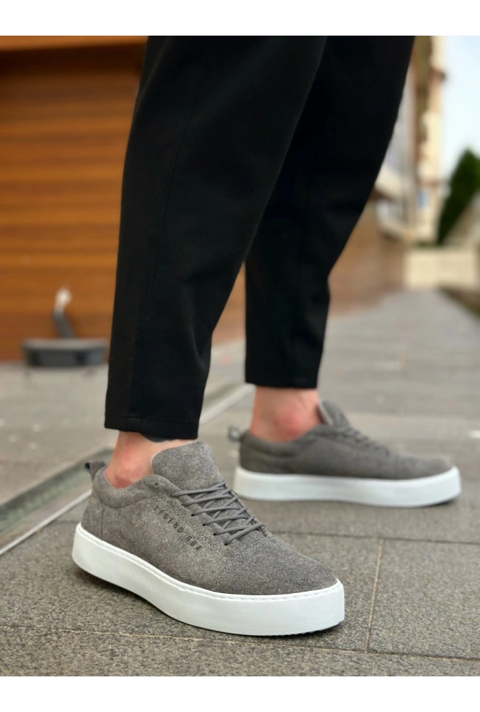 Shoecide Sb0104 Bağcıklı Gri Süet Beyaz Taban Spor Klasik Erkek Ayakkabı