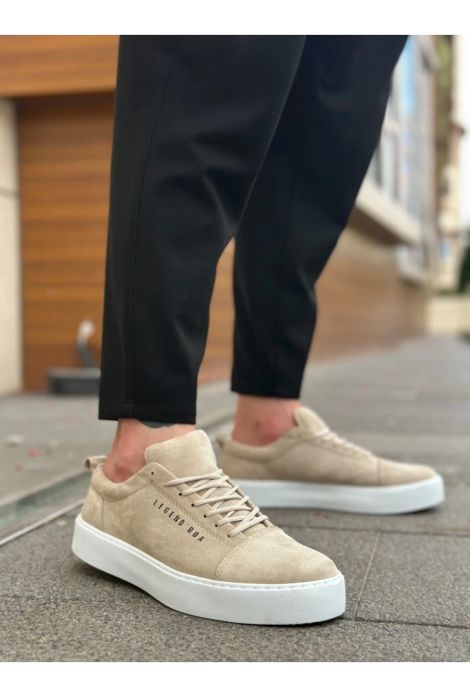 Shoecide Sb0104 Bağcıklı Krem Süet Beyaz Taban Spor Klasik Erkek Ayakkabı