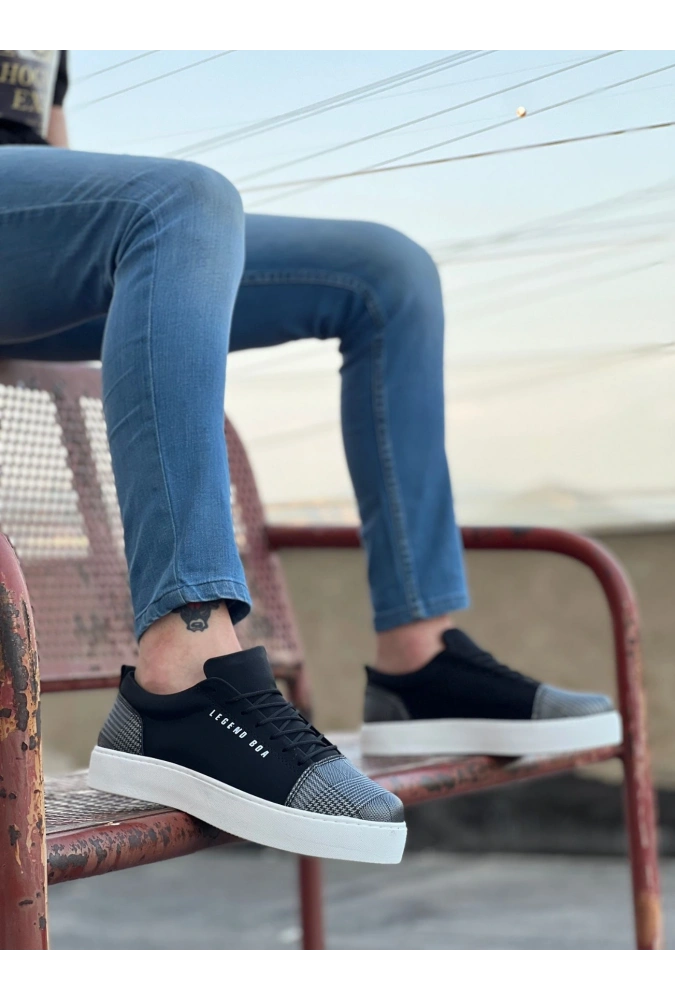 Shoecide Sb0104 Bağcıklı Siyah Ekose Süet Beyaz Taban Spor Klasik Erkek Ayakkabı