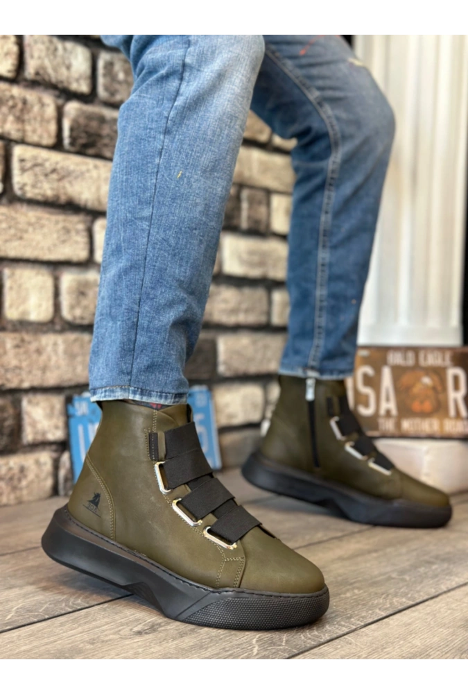 Shoecide Sb0142 Bantlı Erkek Yüksek Taban Haki Spor Bot