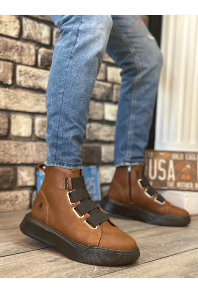 Shoecide Sb0142 Bantlı Erkek Yüksek Taban Kahverengi Spor Bot