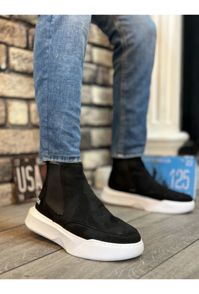 Shoecide Sb0150 Bağcıksız Bantlı Erkek Yüksek Taban Yeni Süet Siyah Beyaz Taban Spor Bot