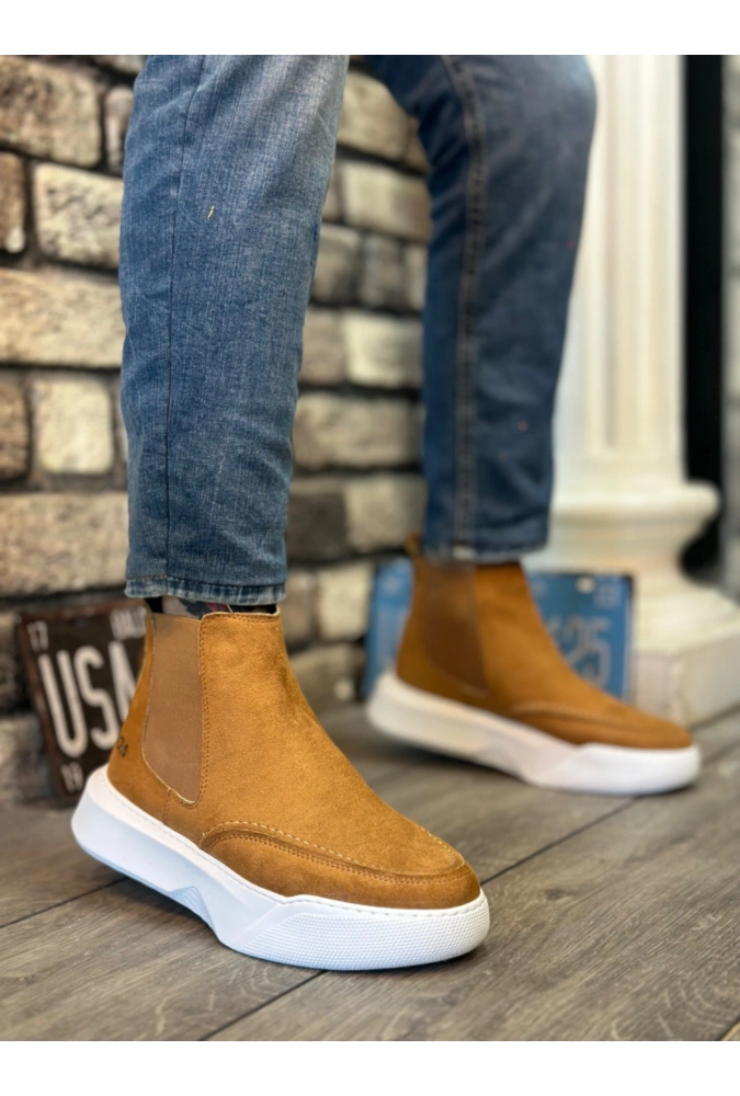 Shoecide Sb0150 Bağcıksız Erkek Taba Süet Beyaz Yüksek Taban Spor Bot