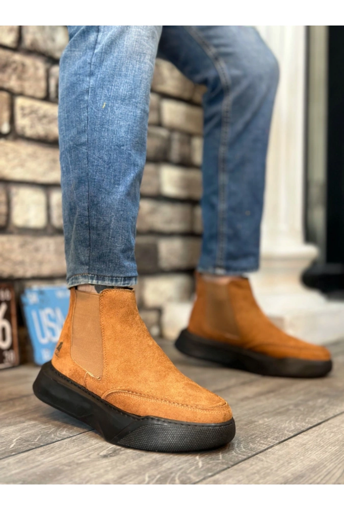 Shoecide Sb0150 Bağcıksız Erkek Taba Süet Siyah Yüksek Taban Spor Bot