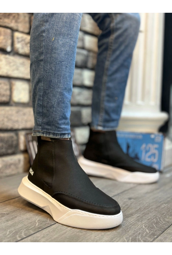 Shoecide Sb0150 Bağcıksız Erkek Yüksek Taban Cilt Siyah Beyaz Spor Bot