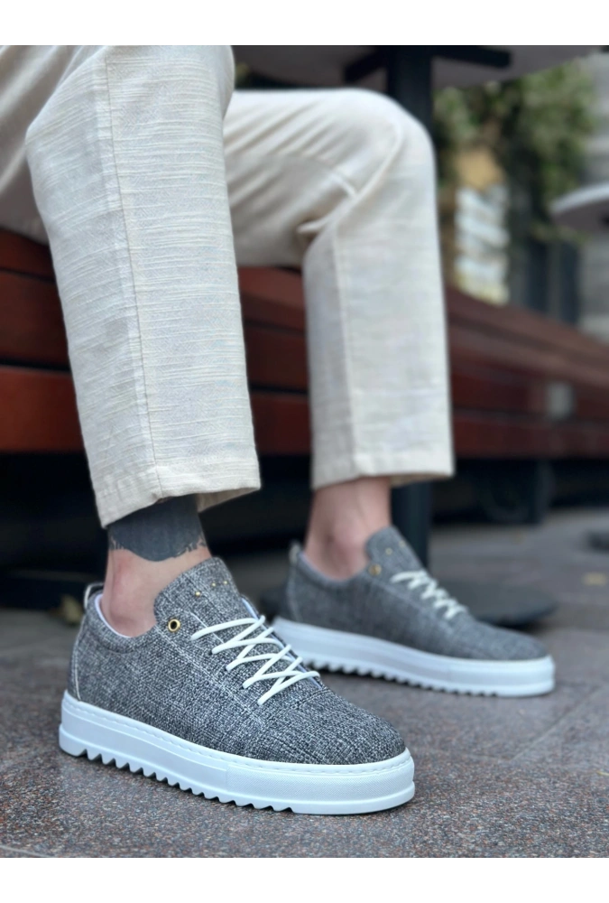 Shoecide Sb0152 Bağcıklı Yüksek Taban Gri Kırçıllı Keten Erkek Ayakkabı