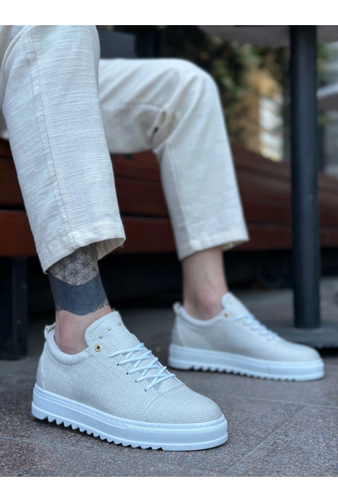 Shoecide Sb0152 Bağcıklı Yüksek Taban Krem Keten Erkek Ayakkabı