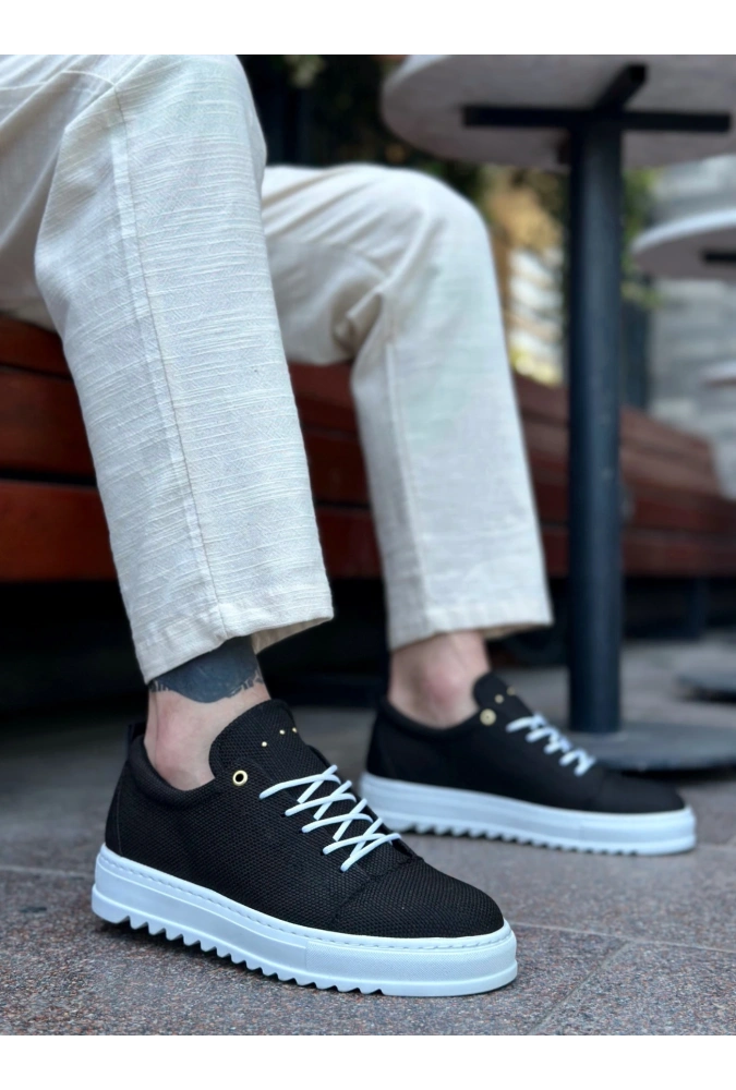 Shoecide Sb0152 Bağcıklı Yüksek Taban Siyah Keten Erkek Ayakkabı