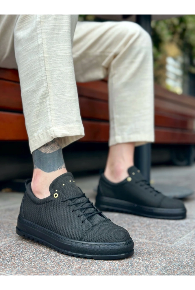 Shoecide Sb0152 Bağcıklı Yüksek Taban Siyah Keten Siyah Taban Erkek Ayakkabı