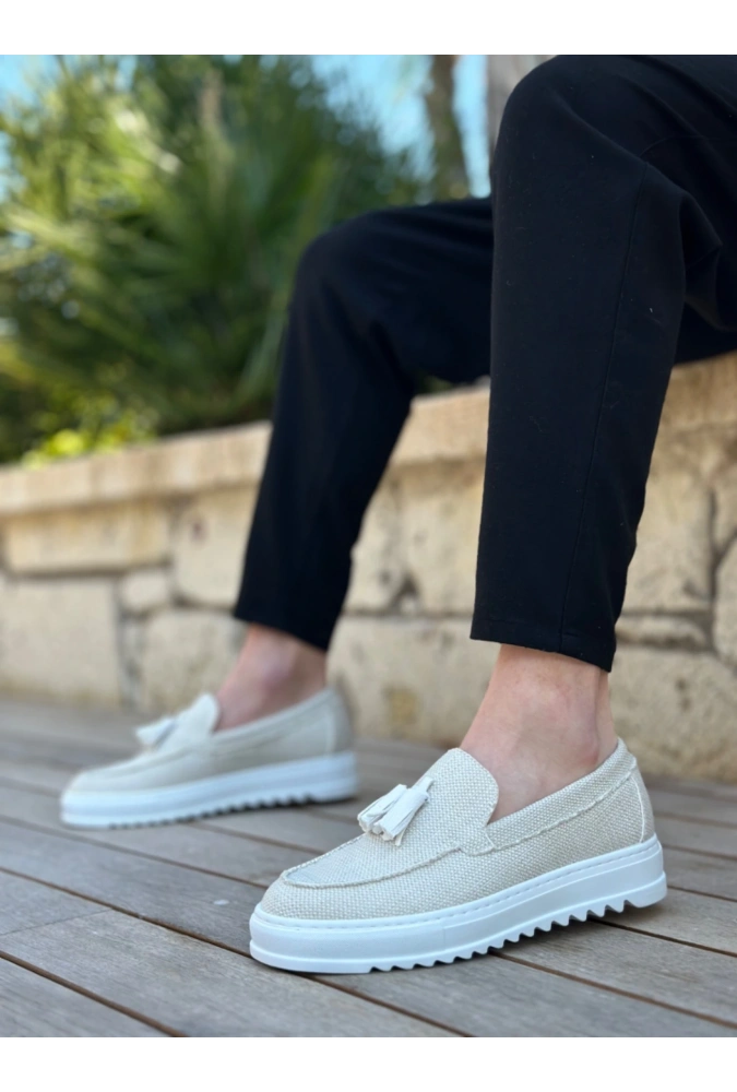 Shoecide Sb0154 Bağcıksız Yüksek Taban Beyaz Keten Püsküllü Erkek Ayakkabı