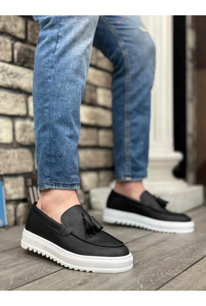 Shoecide Sb0154  Bağcıksız Yüksek Taban Cilt Siyah Renk Beyaz Taban Püsküllü Erkek Ayakkabı