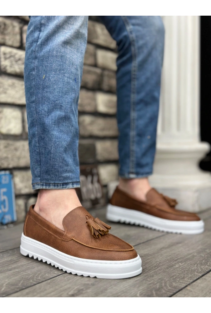 Shoecide Sb0154 Bağcıksız Yüksek Taban Cilt Taba Püsküllü Erkek Ayakkabı