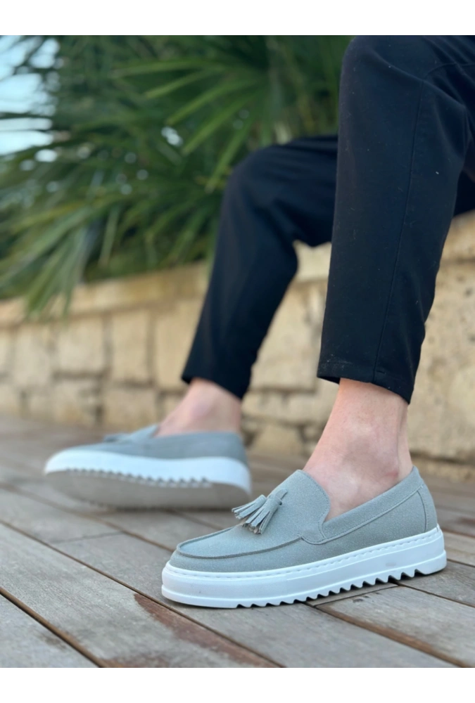 Shoecide Sb0154 Bağcıksız Yüksek Taban Gri Süet Püsküllü Erkek Ayakkabı