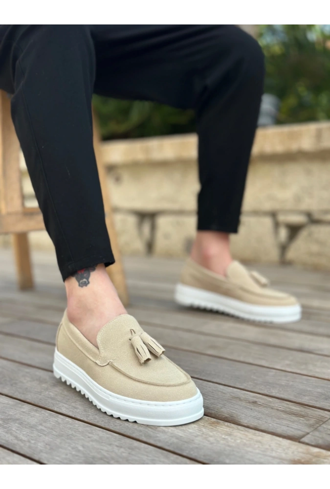 Shoecide Sb0154  Bağcıksız Yüksek Taban Keten Krem Renk Püsküllü Erkek Ayakkabı