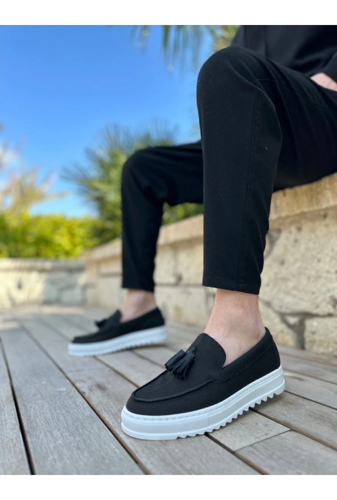 Shoecide Sb0154  Bağcıksız Yüksek Taban Keten Siyah Renk Püsküllü Erkek Ayakkabı