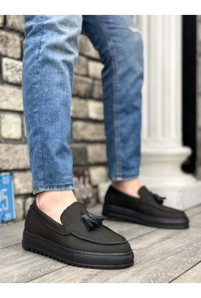 Shoecide Sb0154 Bağcıksız Yüksek Taban Siyah Keten Siyah Taban Püsküllü Erkek Ayakkabı