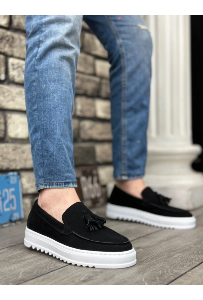 Shoecide Sb0154 Bağcıksız Yüksek Taban Süet Siyah Renk Beyaz Taban Püsküllü Erkek Ayakkabı