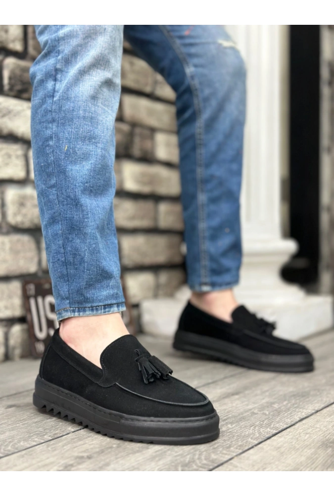 Shoecide Sb0154 Bağcıksız Yüksek Taban Süet Siyah Renk Siyah Taban Püsküllü Erkek Ayakkabı