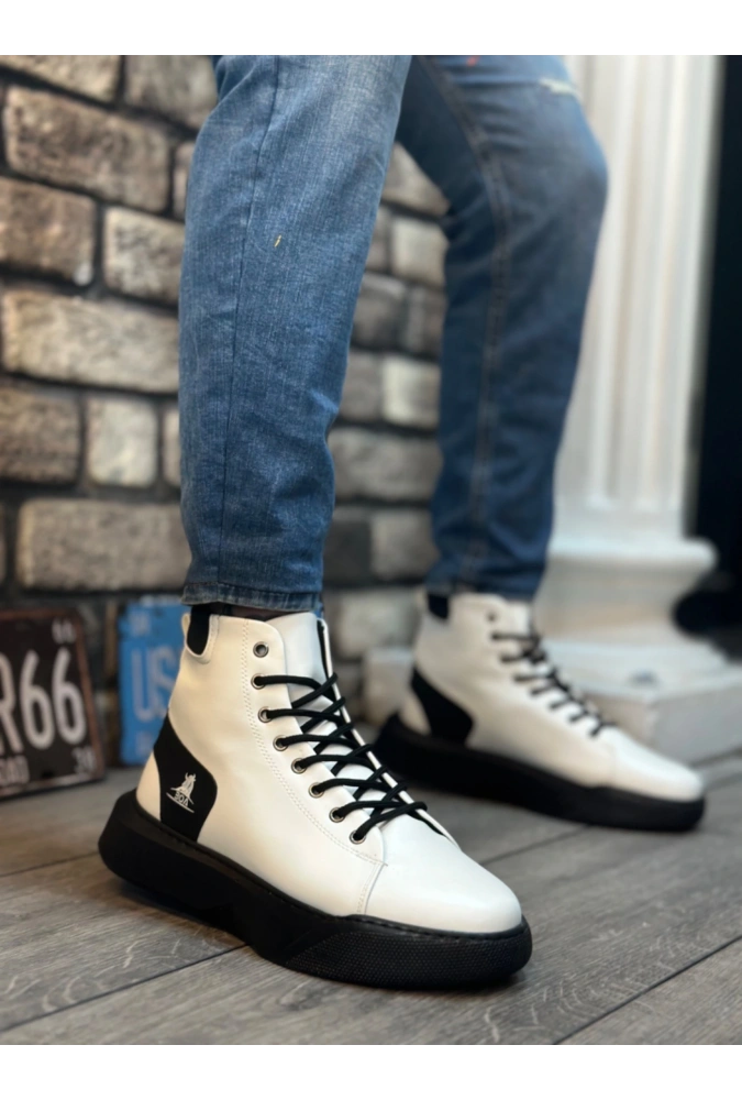 Shoecide Sb0155 Bağcıklı Erkek Yüksek Taban Beyaz Siyah Taban Spor Bot
