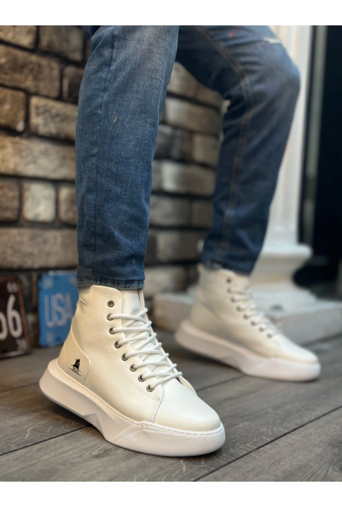 Shoecide Sb0155 Bağcıklı Erkek Yüksek Taban Beyaz Spor Bot