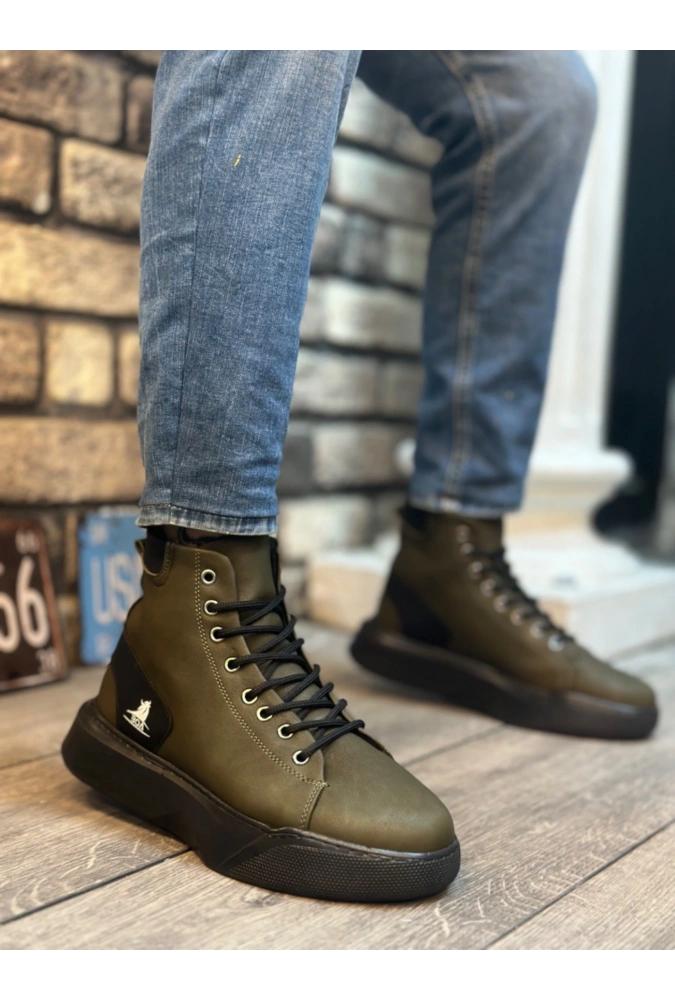 Shoecide Sb0155 Bağcıklı Erkek Yüksek Taban Haki Spor Bot