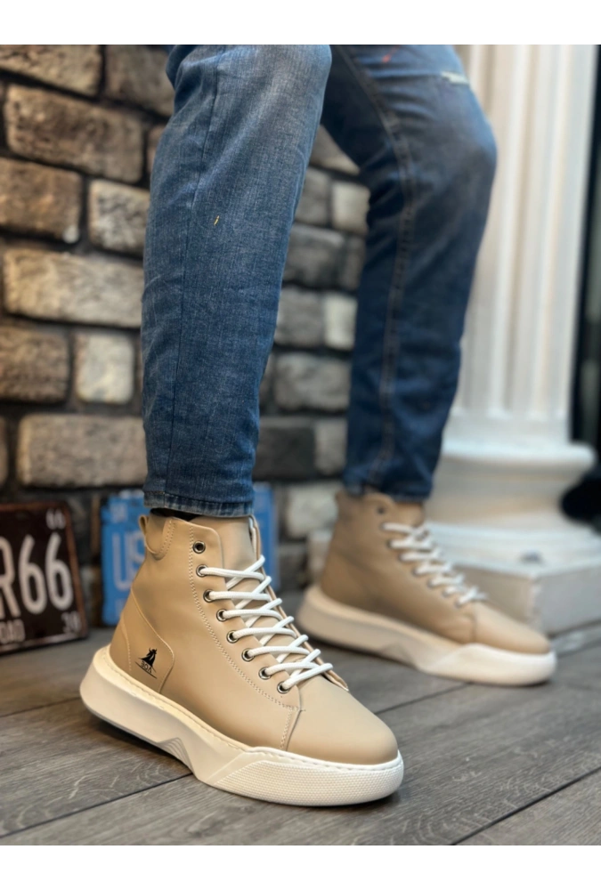 Shoecide Sb0155 Bağcıklı Erkek Yüksek Taban Krem Beyaz Taban Spor Bot