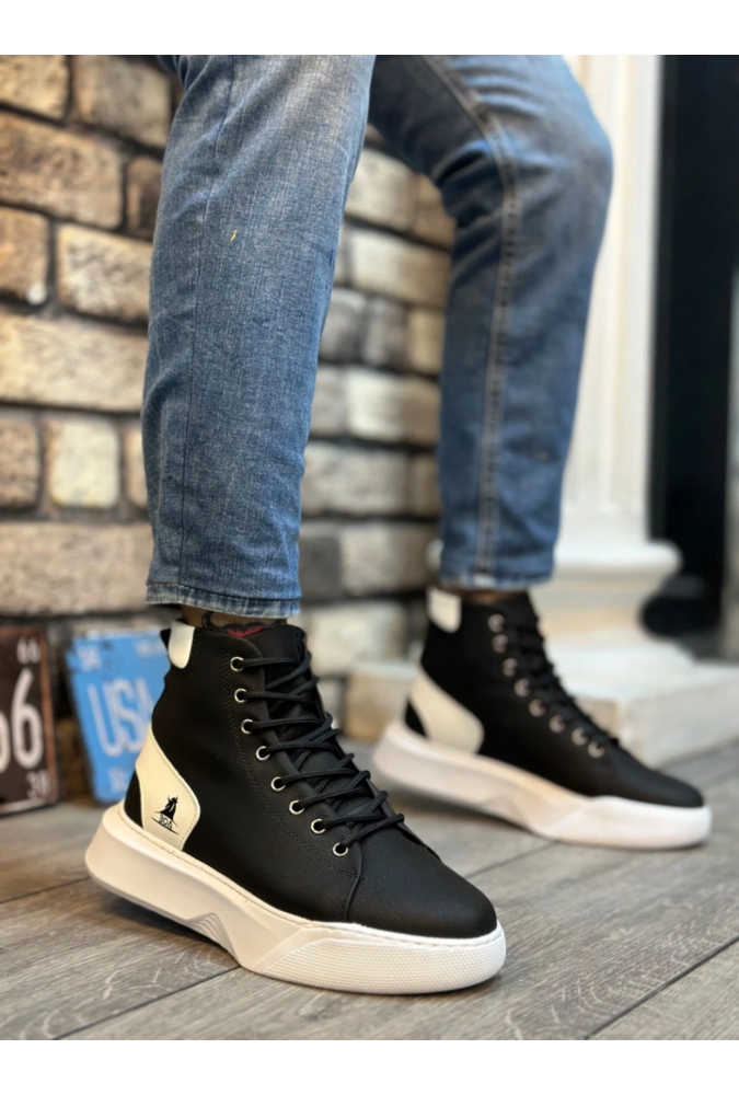 Shoecide Sb0155 Bağcıklı Erkek Yüksek Taban Siyah Beyaz Siyah Taban Spor Bot