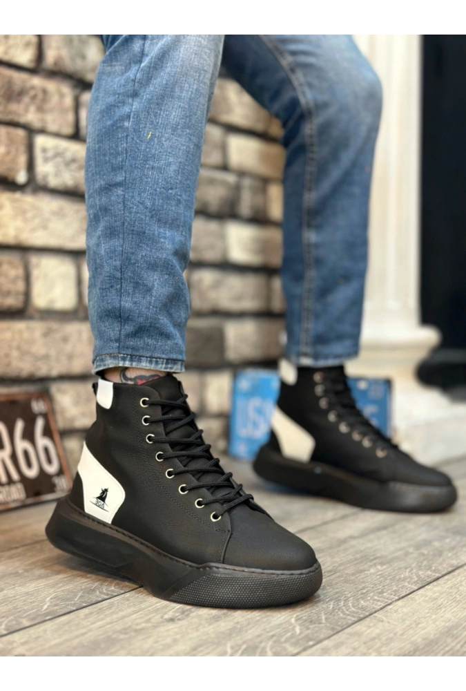 Shoecide Sb0155 Bağcıklı Erkek Yüksek Taban Siyah Beyaz Spor Bot