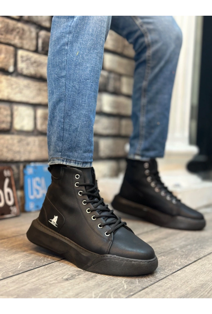 Shoecide Sb0155 Bağcıklı Erkek Yüksek Taban Siyah Spor Bot