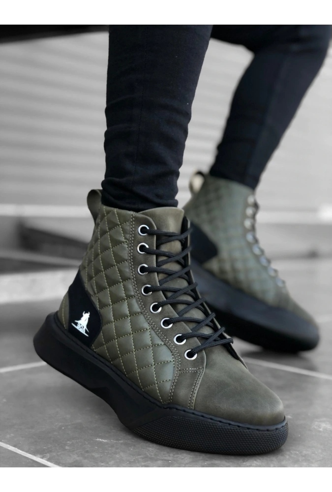 Shoecide Sb0159 Bağcıklı Haki Kapitone Erkek Yüksek Taban Spor Bot