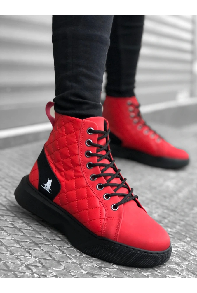 Shoecide Sb0159 Bağcıklı Kırmızı Kapitone Erkek Yüksek Taban Spor Bot
