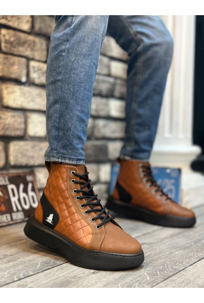 Shoecide Sb0159 Bağcıklı Koyu Taba Kapitone Erkek Yüksek Taban Spor Bot