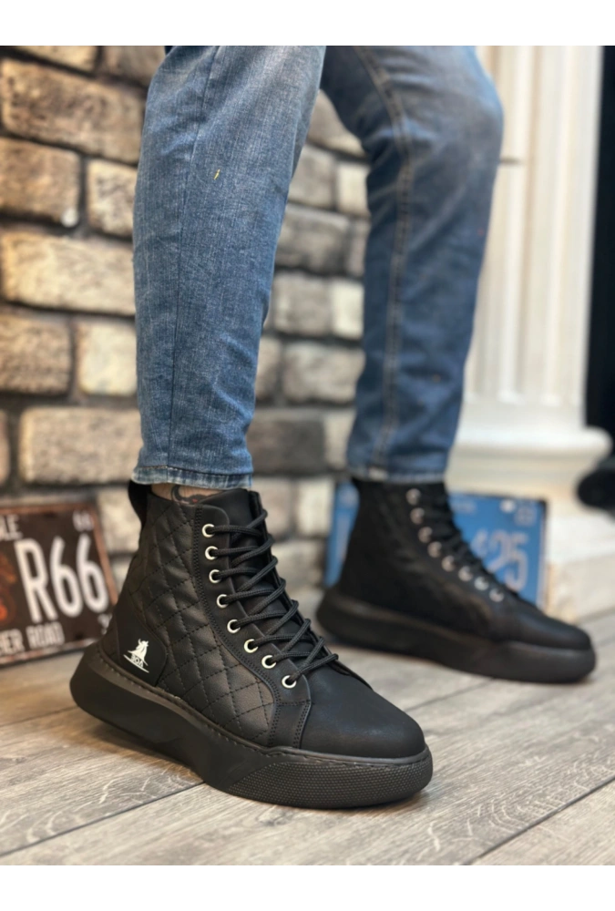 Shoecide Sb0159 Bağcıklı Siyah Kapitone Erkek Yüksek Taban Spor Bot