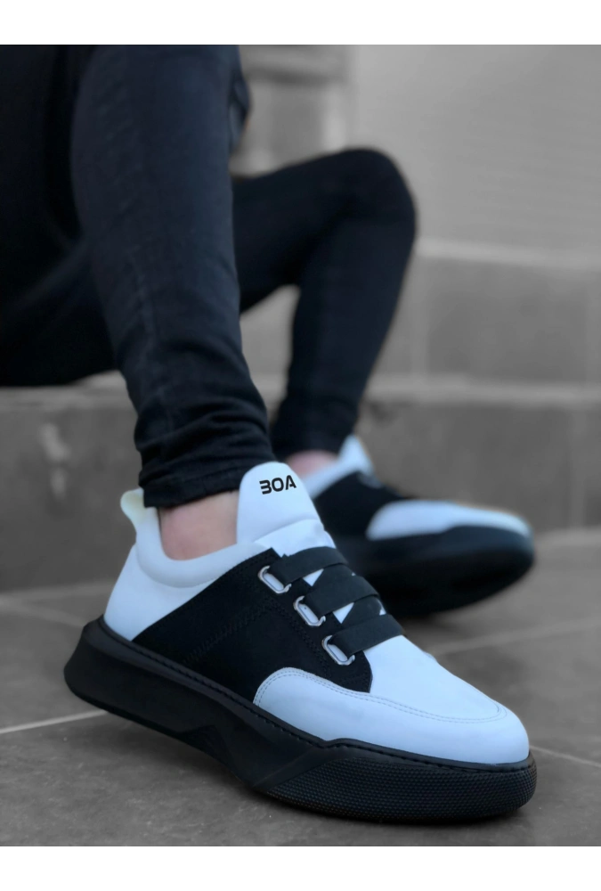 Shoecide Sb0160 Bantlı Erkek Yüksek Taban Beyaz Siyah Spor Ayakkabı