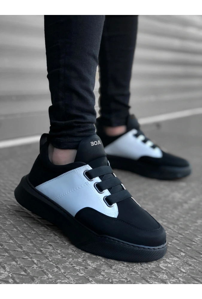 Shoecide Sb0160 Bantlı Erkek Yüksek Taban Siyah Beyaz Siyah Taban Spor Ayakkabı