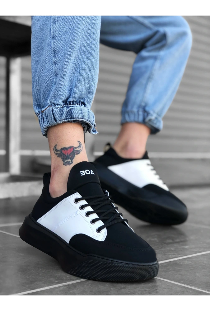 Shoecide Sb0163 Bağcıklı Erkek Yüksek Taban Siyah Beyaz Spor Ayakkabı
