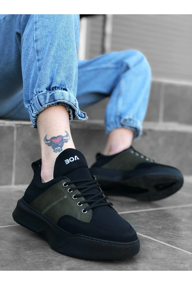 Shoecide Sb0163 Bağcıklı Erkek Yüksek Taban Siyah Haki Spor Ayakkabı