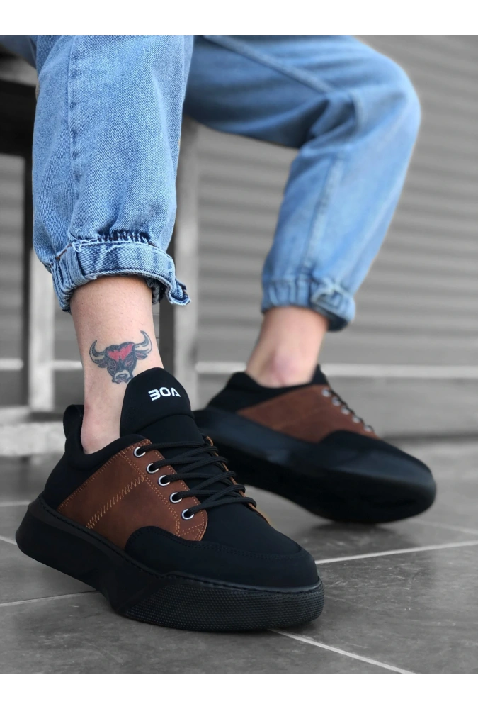 Shoecide Sb0163 Bağcıklı Erkek Yüksek Taban Siyah Taba Spor Ayakkabı